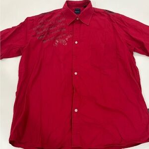 Men's XXL Bright Red Button-Down Casual Shirt with Shoulder & Back Designs